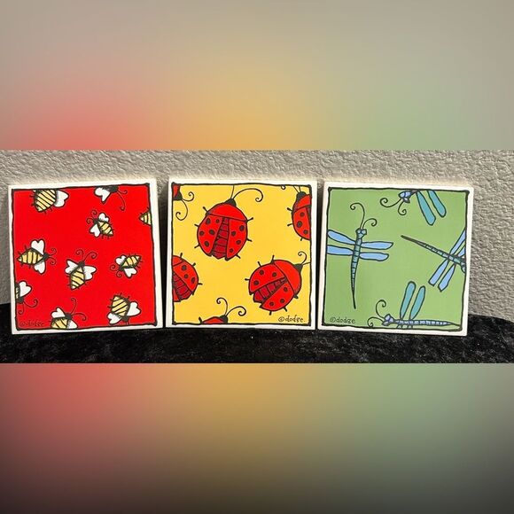 Set of 3 Vintage Ursula Dodge Bugz Ceramic Coasters - Bees, Ladybugs & Dragonfly - Picture 1 of 1